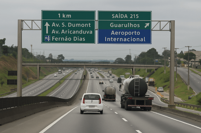 Vista da Rodovia Presidente Dutra com tráfego entre Guarulhos e São Paulo, nos bairros de Guarulhos para quem trabalha em São Paulo